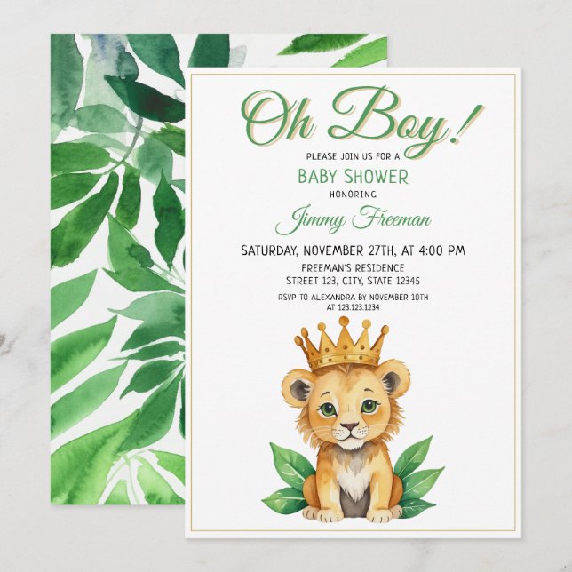 Invitation Aquarelle Vert & Or Cute Baby shower Lion (Devant / Derrière)