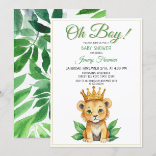 Invitation Aquarelle Vert & Or Cute Baby shower Lion