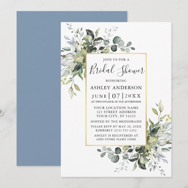 Invitation Aquarelle Vert Or Dusty Bleu Douche (Devant / Derrière)