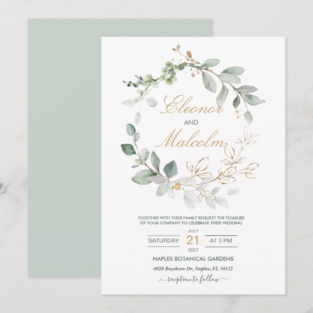 Invitation Aquarelle vert & or feuille Mariage (Devant / Derrière)