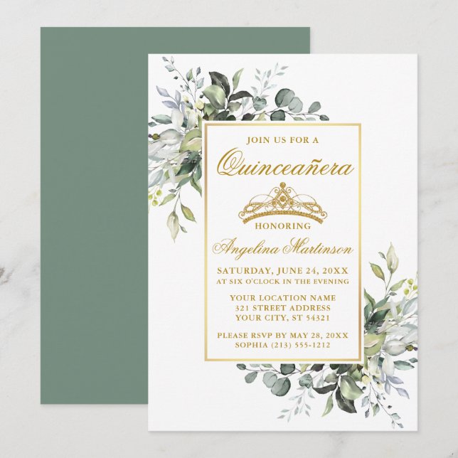 Invitation Aquarelle Vert Or Sage Vert Quinceanera (Devant / Derrière)