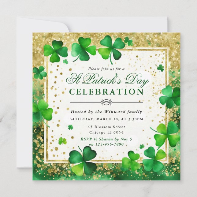 Invitation Aquarelle Vert & Or Shamrock St Patrick's Day (Devant)