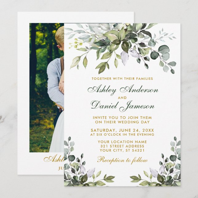 Invitation Aquarelle Vert Or Vert Mariage photo (Devant / Derrière)