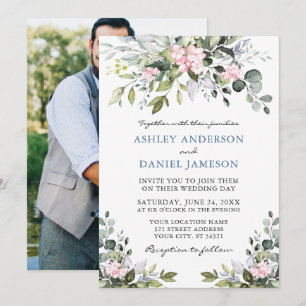 Invitation Aquarelle vert rose Dusty bleu Mariage photo