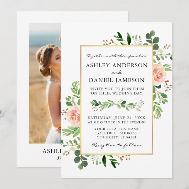 Invitation Aquarelle vert rose Roses or Mariage photo (Devant / Derrière)