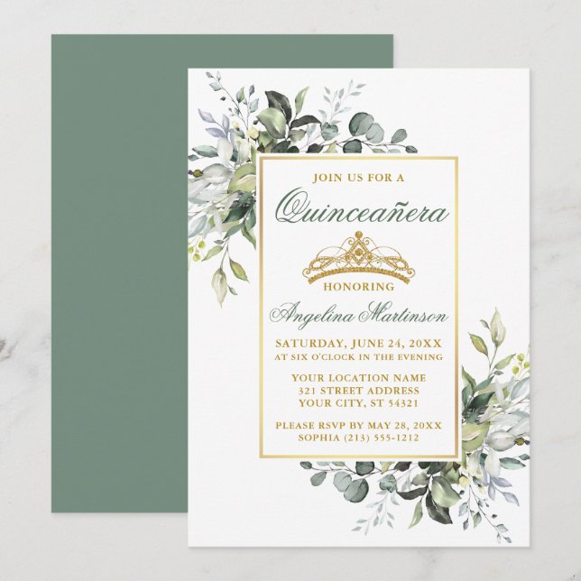 Invitation Aquarelle Vert Sage Vert Or Quinceanera (Devant / Derrière)
