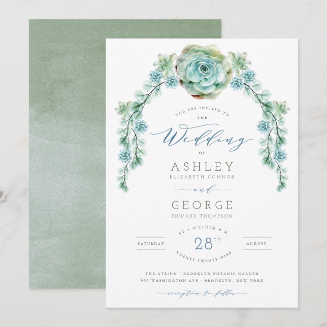 Invitation Aquarelle Vert Succulents été Jardin Mariage (Devant / Derrière)
