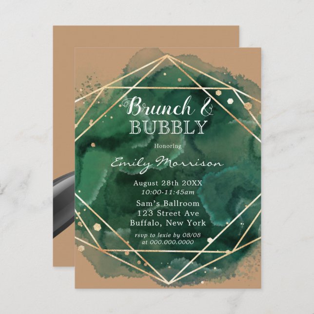 Invitation Aquarelle Vert Tan Or Brunch & Bubbly (Devant / Derrière)
