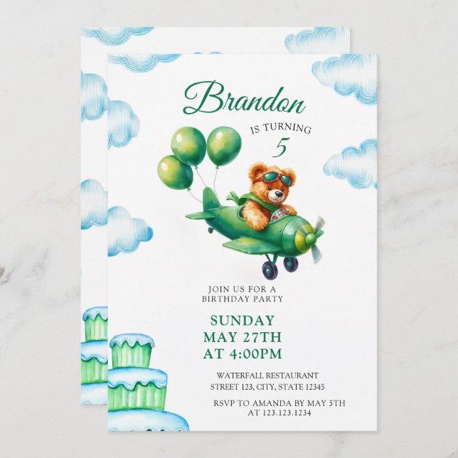 Invitation Aquarelle vert Teddy Bear Avion 5e anniversaire (Devant / Derrière)