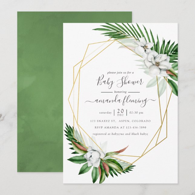 Invitation Aquarelle Vert tropical Baby shower géométrique (Devant / Derrière)