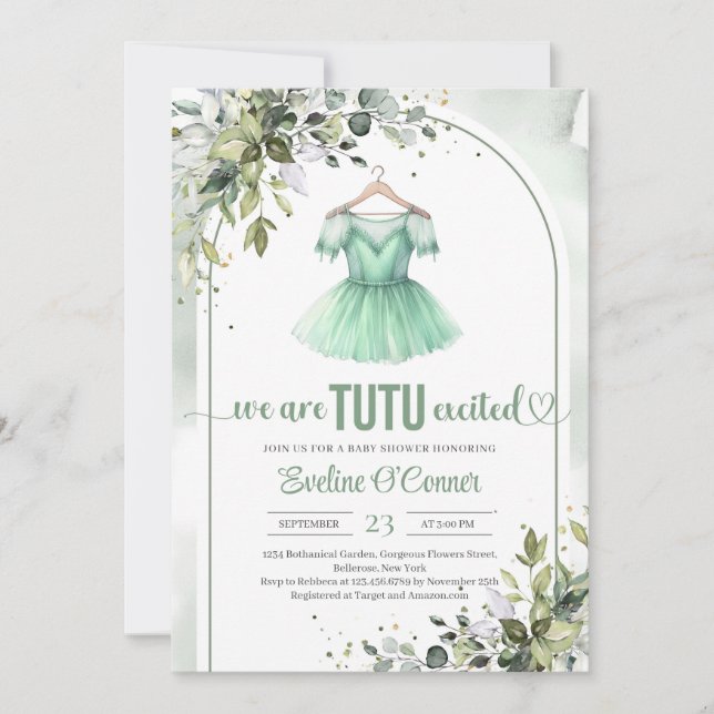 Invitation Aquarelle vert tutu ballerine robe verte (Devant)