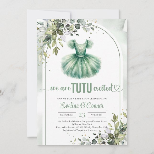 Invitation Aquarelle vert tutu robe eucalyptus or (Devant)