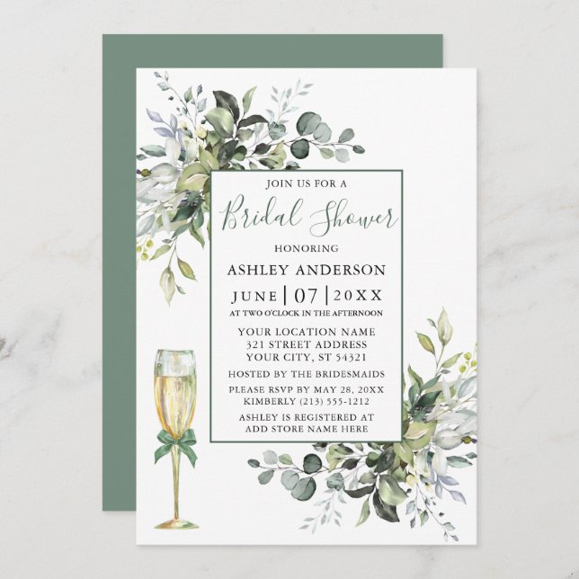 Invitation Aquarelle Vert Verre Douche Sage Vert (Devant / Derrière)