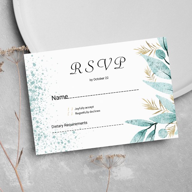Invitation Aquarelle verte à la menthe feuillage RSVP (Mint green gold watercolor foliage RSVP )