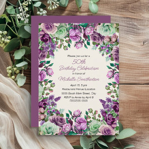 Invitation Aquarelle verte à la menthe violette 50e anniversa