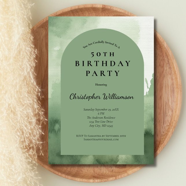 Invitation Aquarelle verte Arc moderne homme 50e anniversaire (Green Watercolor Modern Arch 50th Birthday invitation for him)