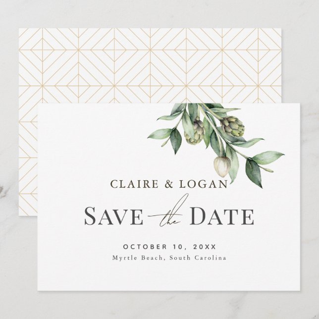 Invitation Aquarelle verte Artichoke Vert Enregistrer la date (Devant / Derrière)