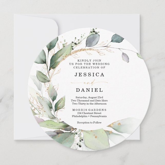 Invitation Aquarelle verte avec Mariage Cercle d'or (Devant)