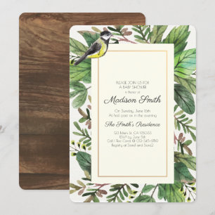 Invitation Aquarelle verte Baby shower d'oiseaux boisés