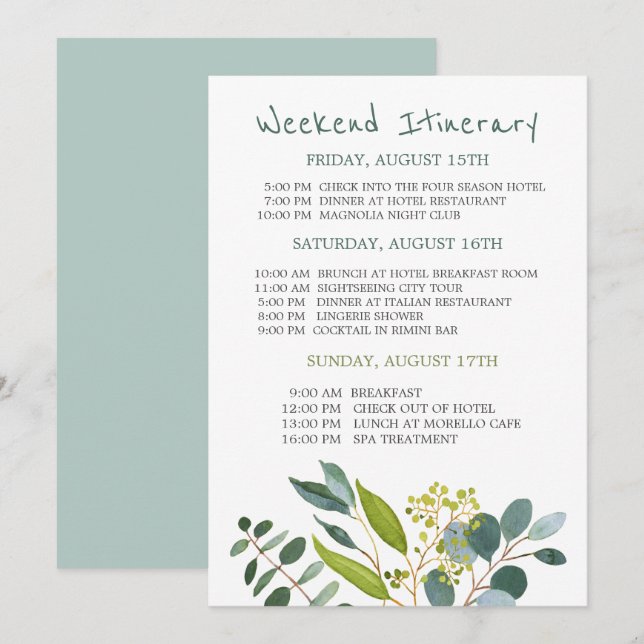 Invitation Aquarelle verte Bachelorette Week-end Itinéraire (Devant / Derrière)