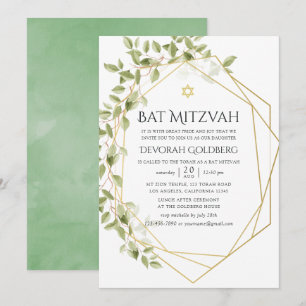 Invitation Aquarelle verte Bat mitzvah géométrique