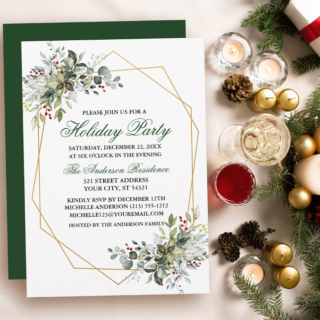 Invitation Aquarelle verte Berries Gold Holiday Party (Customize to change text color, size, style or to change color of back of card.)
