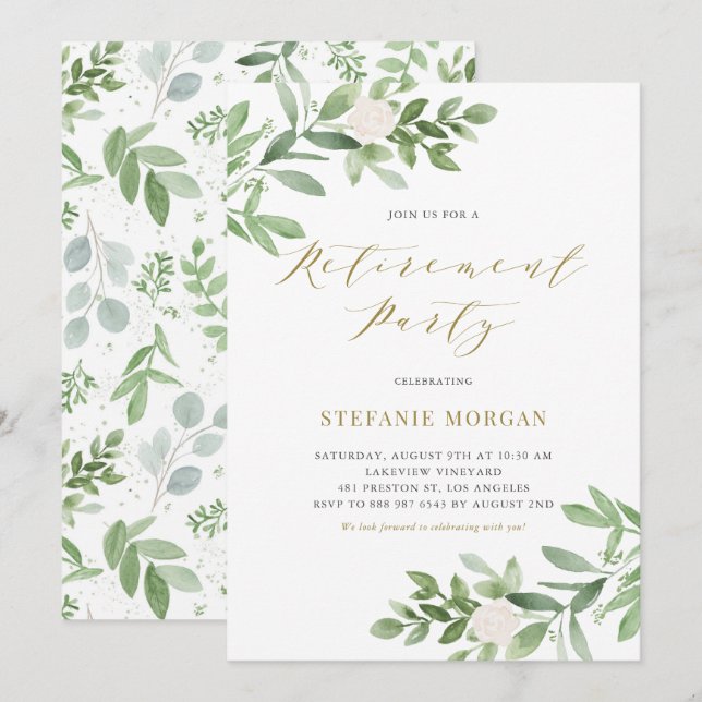Invitation Aquarelle verte Blanc Floral Retraite Party (Devant / Derrière)