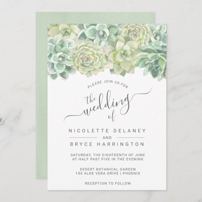 Invitation Aquarelle verte botanique Mariage de succulents (Devant / Derrière)