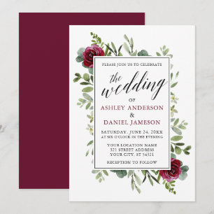 Invitation Aquarelle verte Bourgogne Rose Mariage