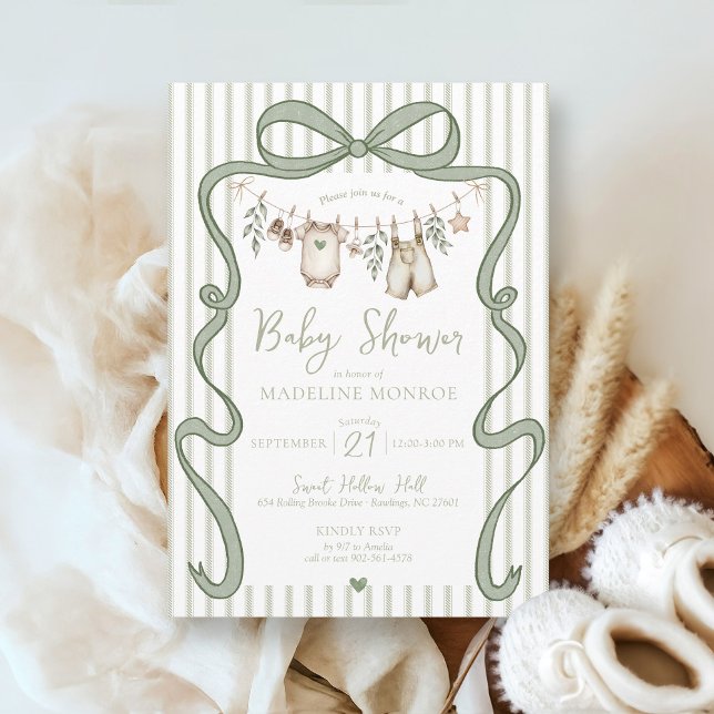Invitation Aquarelle verte Bow Clothesline Baby shower garçon (Sage green whimsical bow frame gender neutral boy watercolor baby clothesline shower invitation)