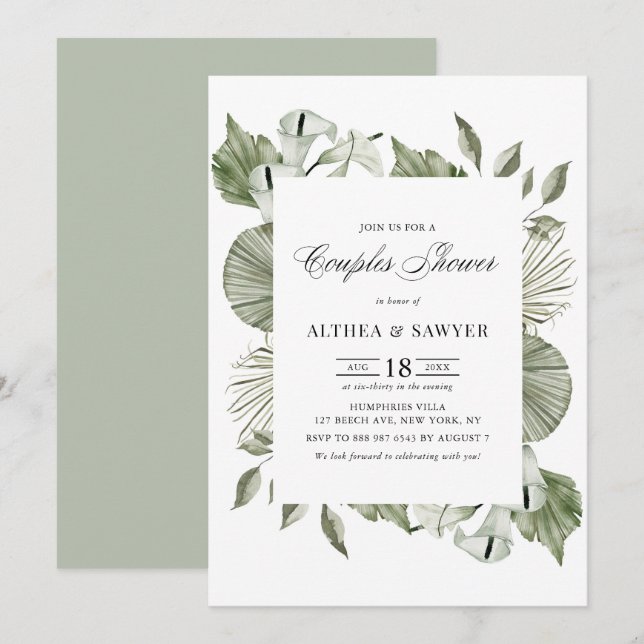 Invitation Aquarelle verte Calla Lily Couples d'été douche (Devant / Derrière)