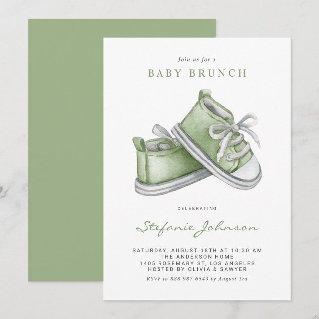 Invitation Aquarelle verte Chaussures bébé Brunch bébé (Devant / Derrière)