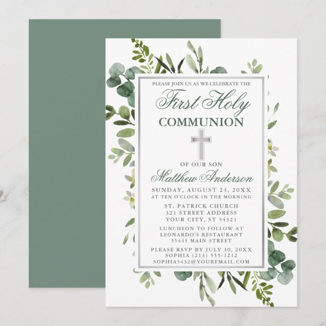 Invitation Aquarelle verte Communion Argent Sage Vert (Devant / Derrière)
