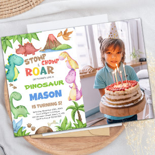 Invitation Aquarelle verte Dinosaur photo d'anniversaire