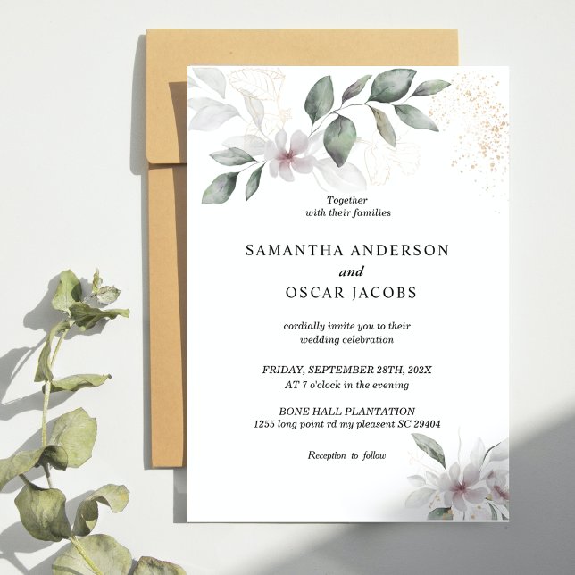 Invitation Aquarelle verte douce Feuille et fleur | Or (Créateur téléchargé)