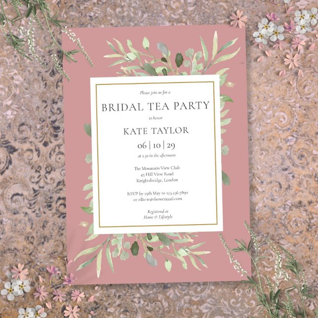 Invitation Aquarelle verte Dusty Rose Tea Party (Watercolor Greenery Dusty Rose Bridal Tea Party Invitation)