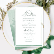 Aquarelle verte, Élégant Mariage Monogramme Invita