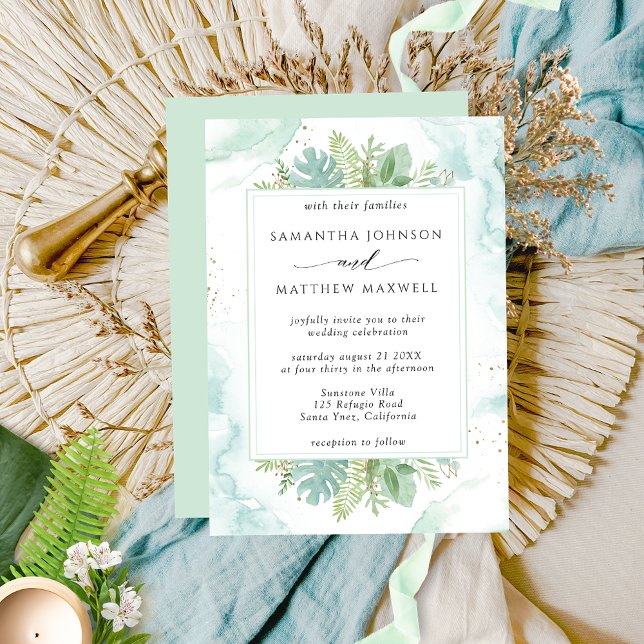 Invitation Aquarelle verte et bleue avec Mariage vert (Créateur téléchargé)