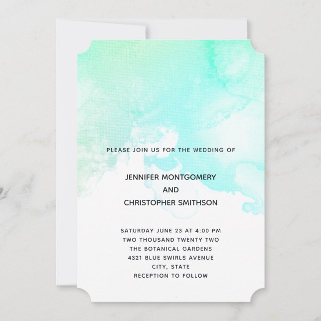 Invitation Aquarelle verte et bleue moderne Mariage simple (Devant)