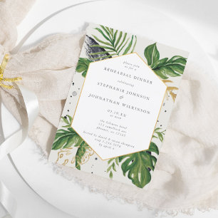 Invitation Aquarelle verte et dorée Répétition Mariage tropic