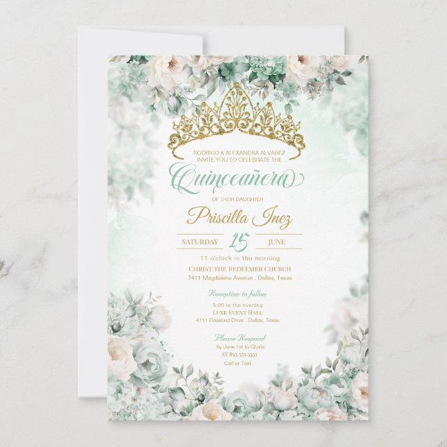 Invitation Aquarelle verte et or de la menthe Quinceañera (Devant)