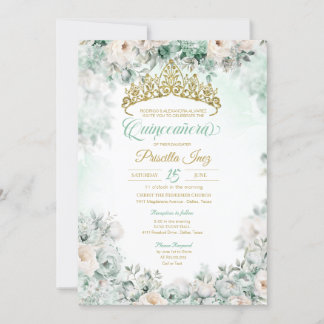 Invitation Aquarelle verte et or de la menthe Quinceañera