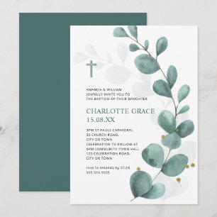 Invitation Aquarelle verte et or Eucalyptus Baptême