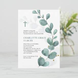 Invitation Aquarelle verte et or Eucalyptus Baptême Invitat