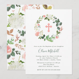 Invitation Aquarelle verte et rose Baptême