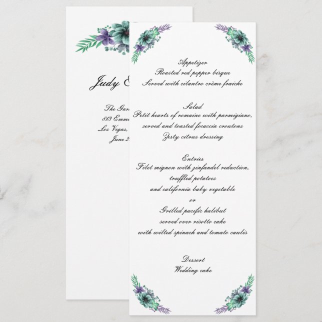 Invitation Aquarelle verte et violette - Menu Mariage Floral (Devant / Derrière)