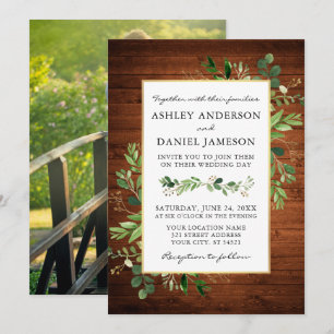 Invitation Aquarelle verte Eucalyptus Photo Mariage bois