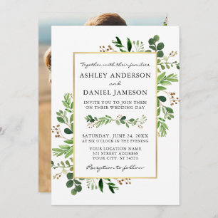 Invitation Aquarelle verte Eucalyptus Photo Mariage or