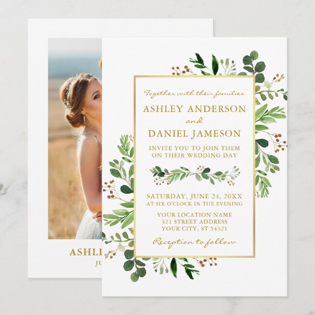 Invitation Aquarelle verte Eucalyptus Photo Mariage or (Devant / Derrière)