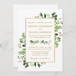 Invitation Aquarelle verte Eucalyptus Photo Mariage or